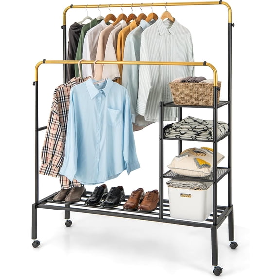 Rolling Double Rods Garment Rack Clothes Drying Rack Height Adjustable Hanging Bars Storage Shelves & Lockable Wheels Heavy-duty Steel Clothing Rack Indoor & Outdoor Use