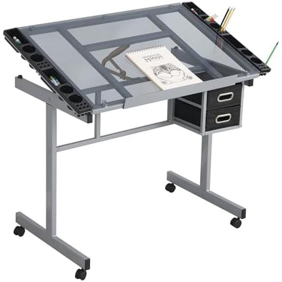 Rolling Drafting Table, Painting Table Art Craft Desk Crafting Table with Tilting Transparent Tempered Glass Top, 2 Fabric Storage Drawers and 4 Wheels, Silver Grey$$Home Decor, Kitchen, & Other