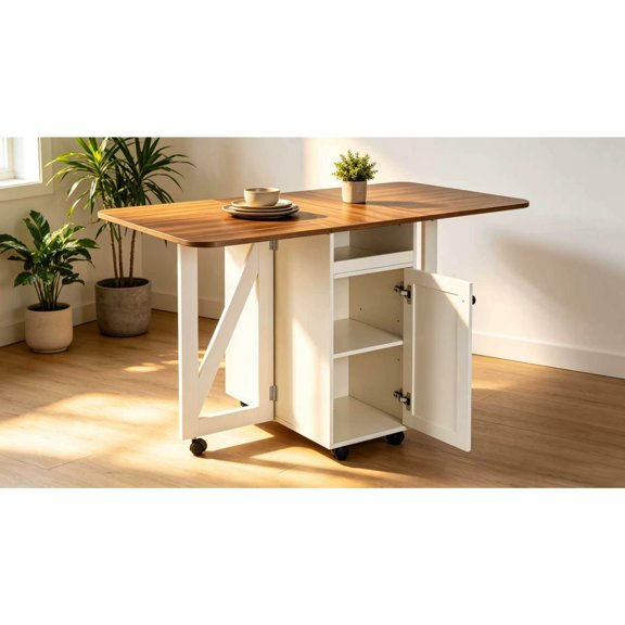 Rolling Drop Leaf Kitchen Island Cart with Expandable Tabletop and Wine Rack, Mobile Storage Cabinet and Serving Cart with Lockable Casters, Beige White and Walnut