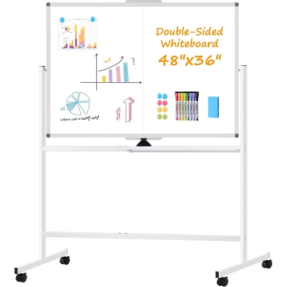 Rolling Dry Erase Whiteboard, 48"x36" Double-Sided White Board Wheels, Large Portable White Board with Stand, Mobile Standing Whiteboards for Office, , School, Classroom 4x3 ft