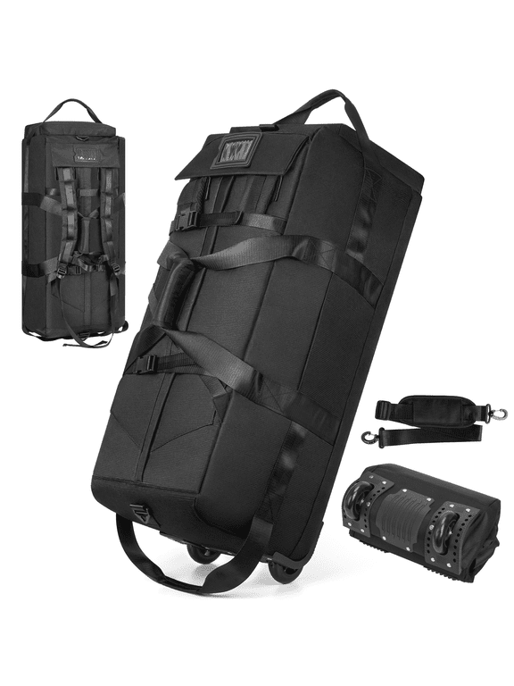 90L Foldable Rolling Duffel Bag with Wheels, Extra Large 34 Inch Travel Duffel Bag with Shoulder Strap for Travel Camping Sports, Waterproof Large Gym Bag, Travel Backpack For Men Women, Black