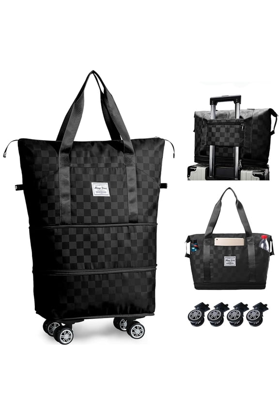 Rolling Duffle Bag with Wheels Expandable Foldable Travel Duffel Bag Suitcases, Detachable Rolling Wheels, Gift for Gym Camping Business Trips Checkerboard Black