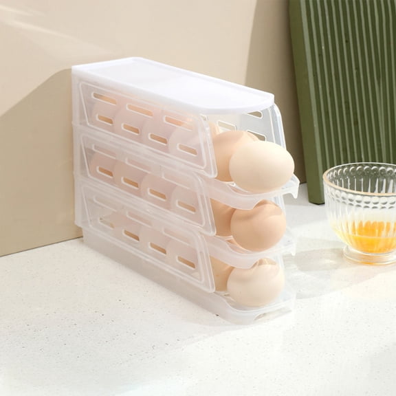 Rolling Egg Organizer, Egg Dispenser for Refrigerator with Automatic Rolling Tray, Space Saving Detachable Egg Holder, Clear Stackable Egg Carton for Kitchen Countertop or Side Door Storage