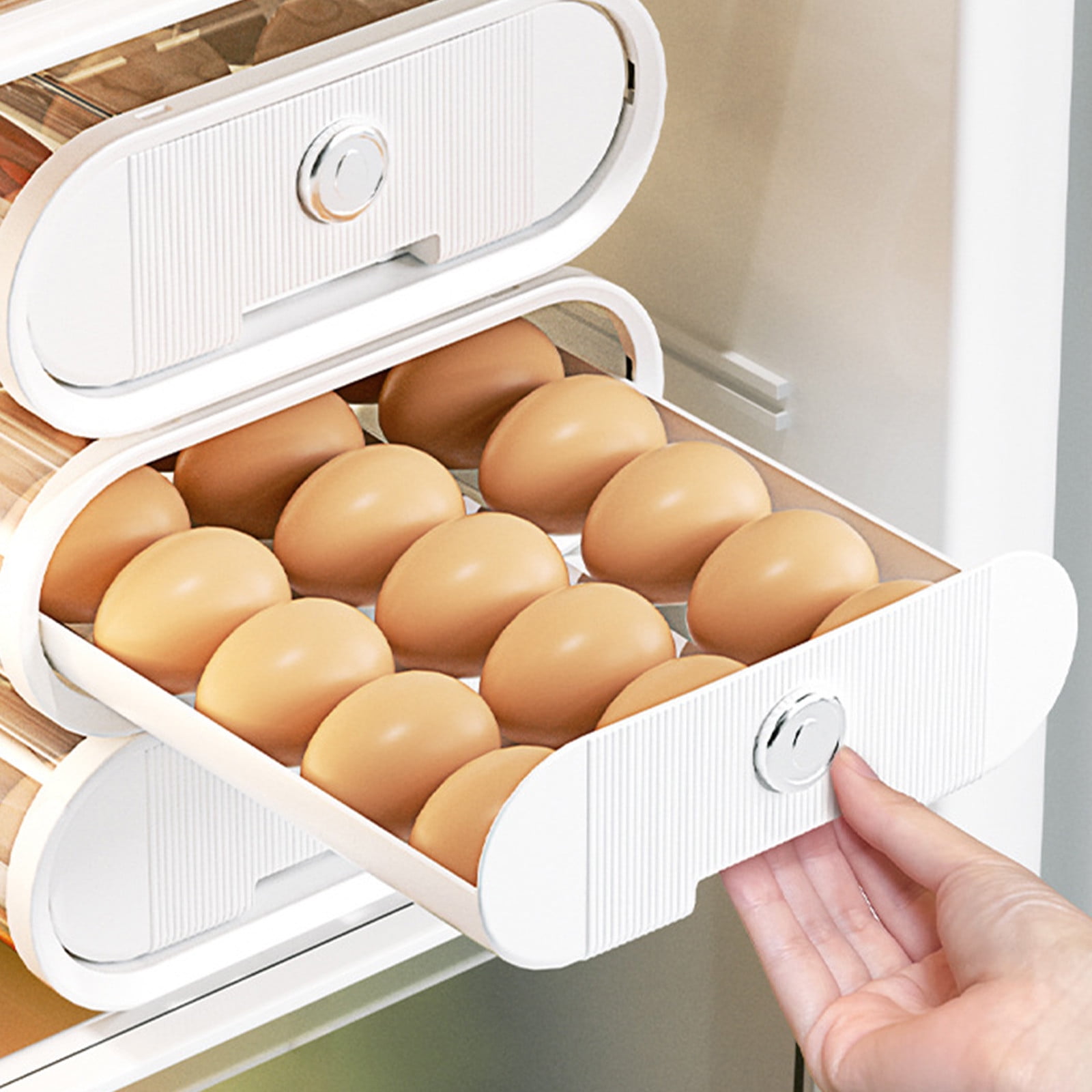 Rolling Egg Storage Container for Refrigerator, Clear Plastic Drawer Rack for Large Capacity Space Saving Kitchen Organization