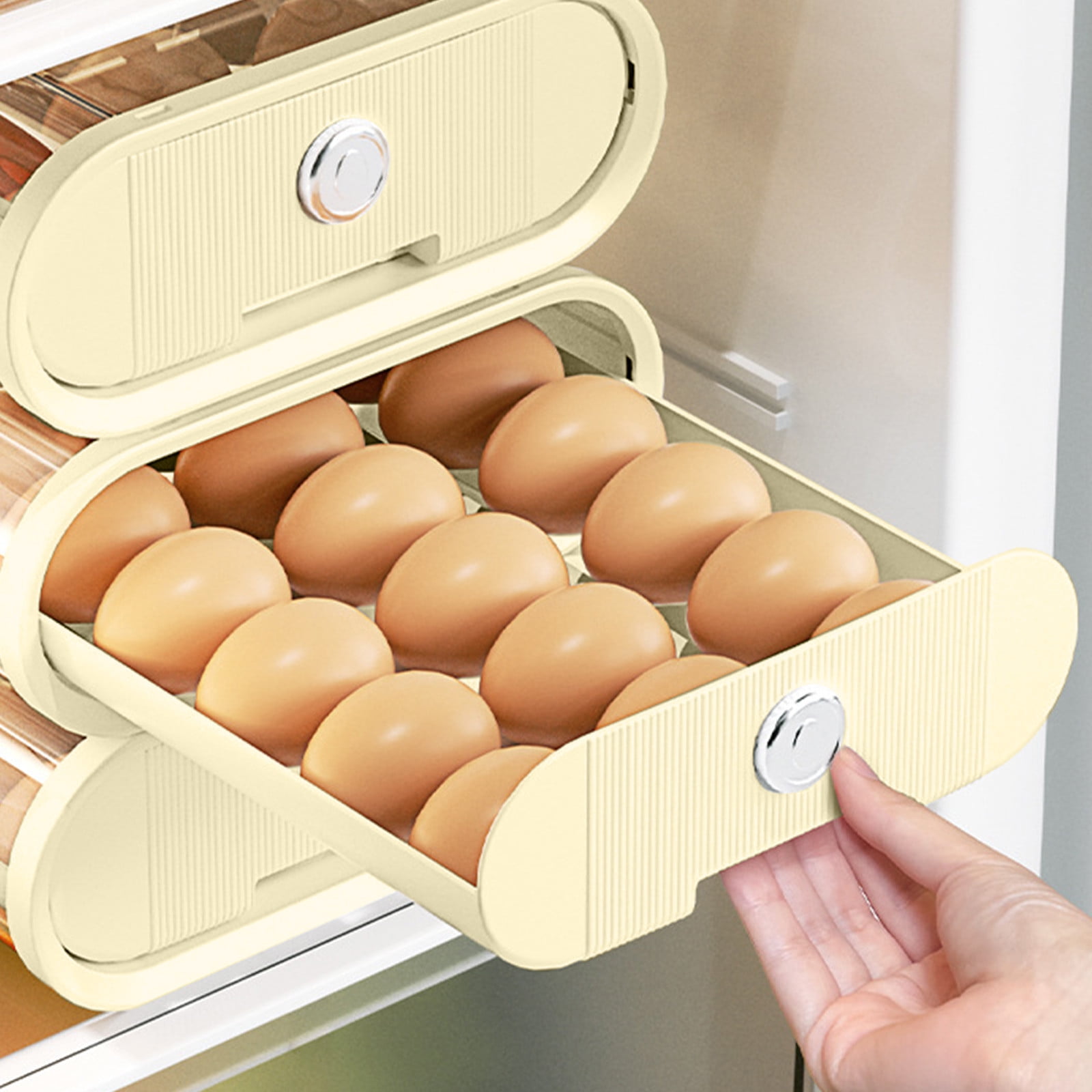 Rolling Egg Storage Container for Refrigerator, Clear Plastic Drawer Rack for Large Capacity Space Saving Kitchen Organization