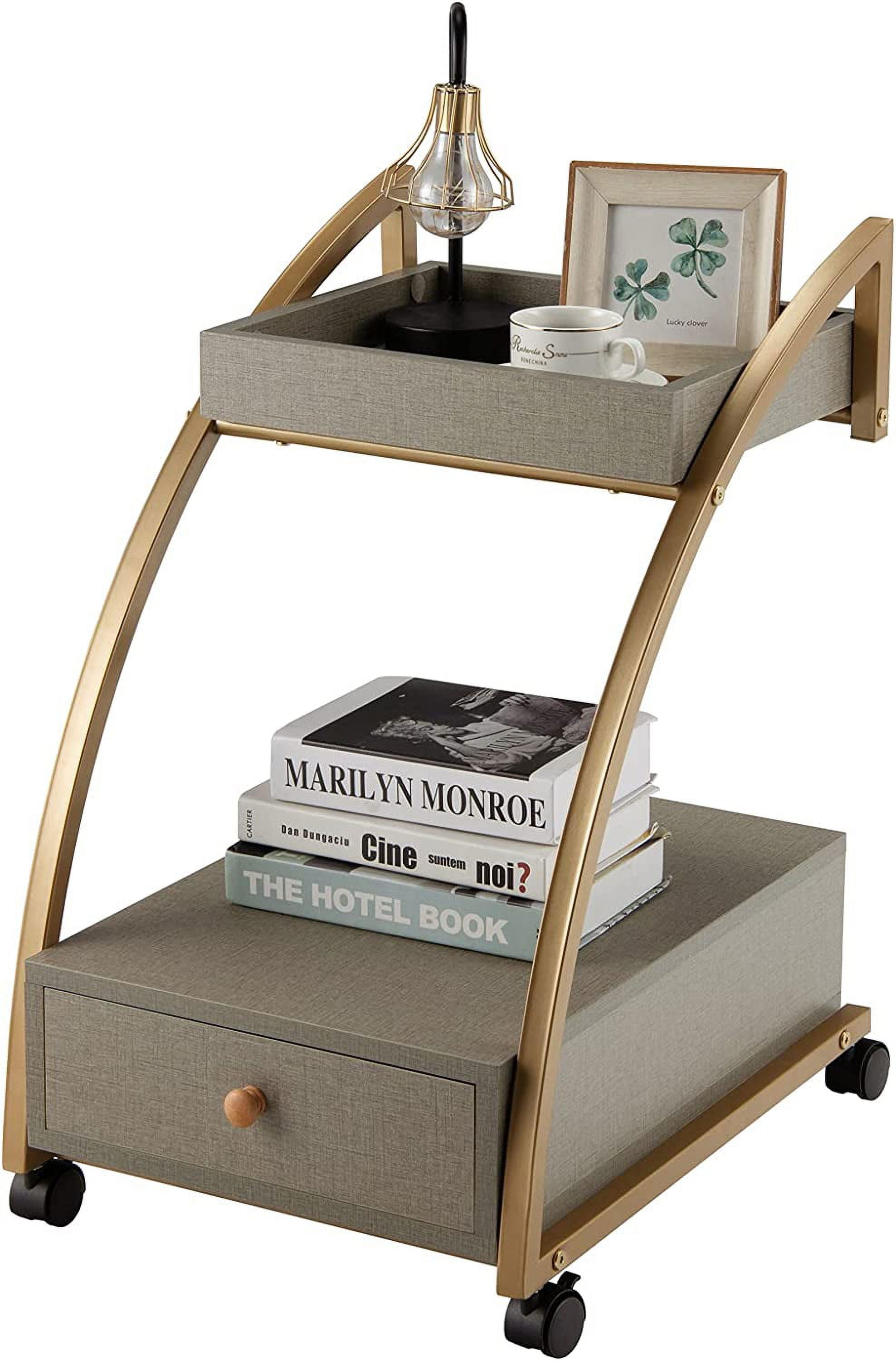 Rolling End Table, 2Tier Side Table w/Tray Top, PullOut Drawer