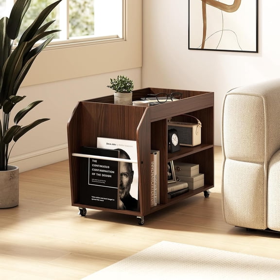 Rolling End Table with Storage, 3-Tier Side Table with Magazine Rack & Open Shelves, 4 Universal Wheels, Farmhouse Mobile Lateral Filing Cabinet for Study Living Room Bedroom