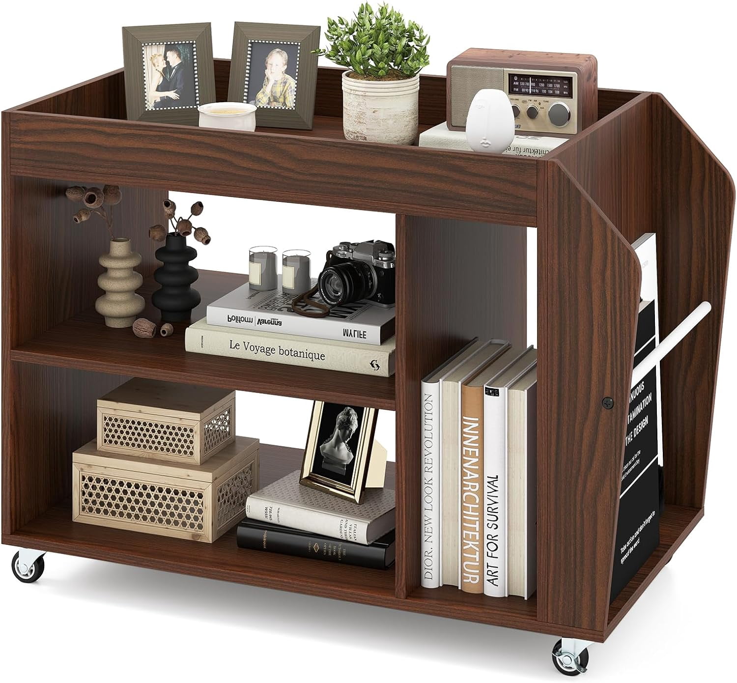 Rolling End Table with Storage, 3-Tier Side Table with Magazine Rack ...