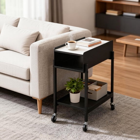 Rolling End Table with Wheels 3-Tier Narrow Side Table Black