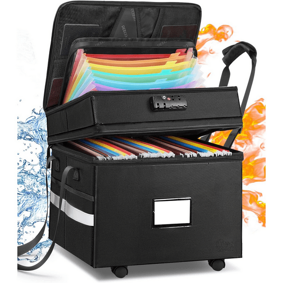 Rolling File Box, Fireproof Document Box with Wheels Multi-Layer Water-Resistant File Organizer Portable file Cabinet Document Safe filing box for Home Office for Hanging Letter/Legal Folder