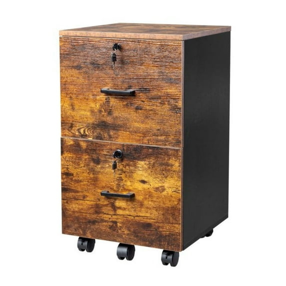 Rolling File Cabinet 2 Drawer, Wood File Cabinet with Lock, Mobile Storage Cabinet for Home Office, Brown & Black
