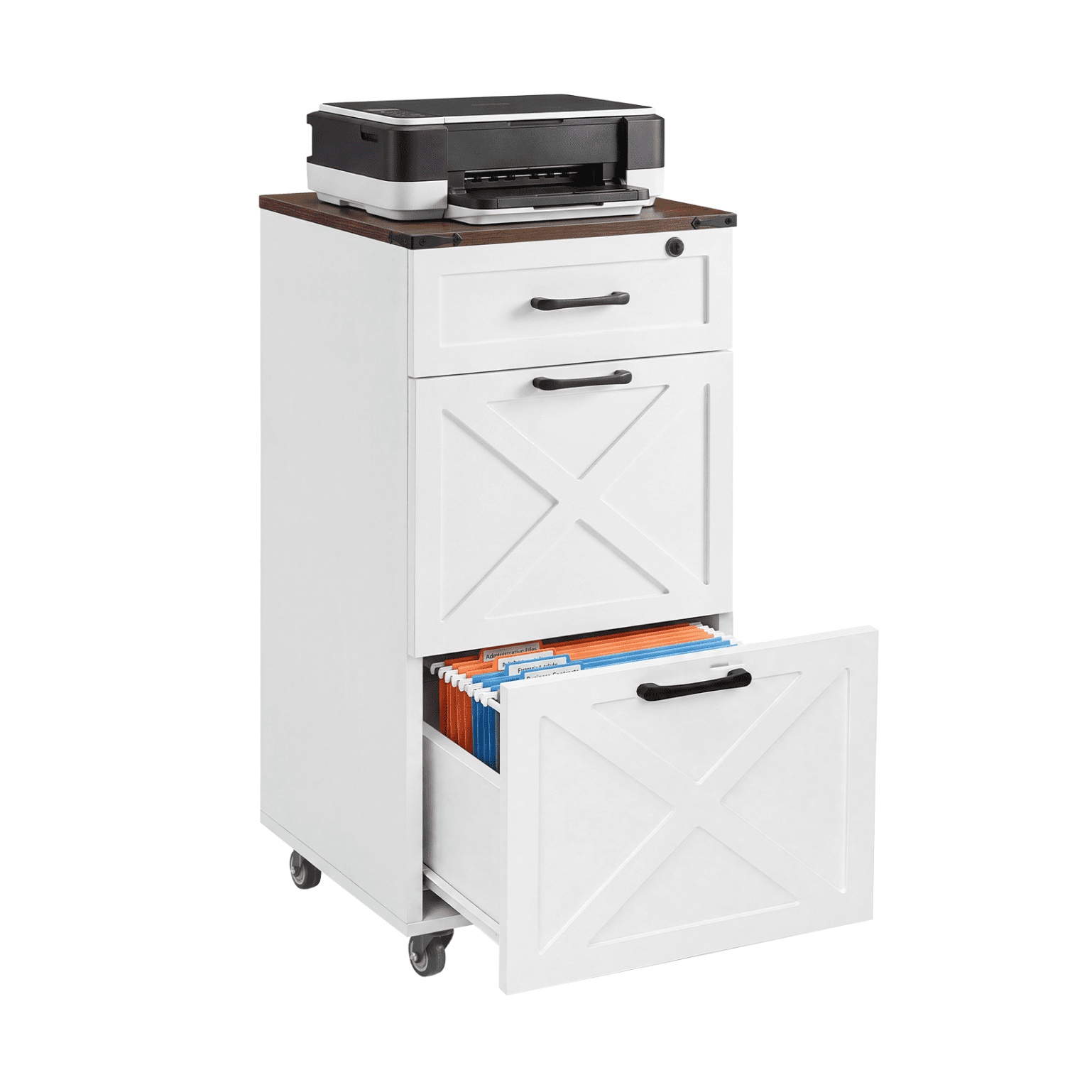 Rolling File Cabinet, 3-Drawer, Lockable Top Drawer, Rustic Farmhouse Design, Under-Desk Storage