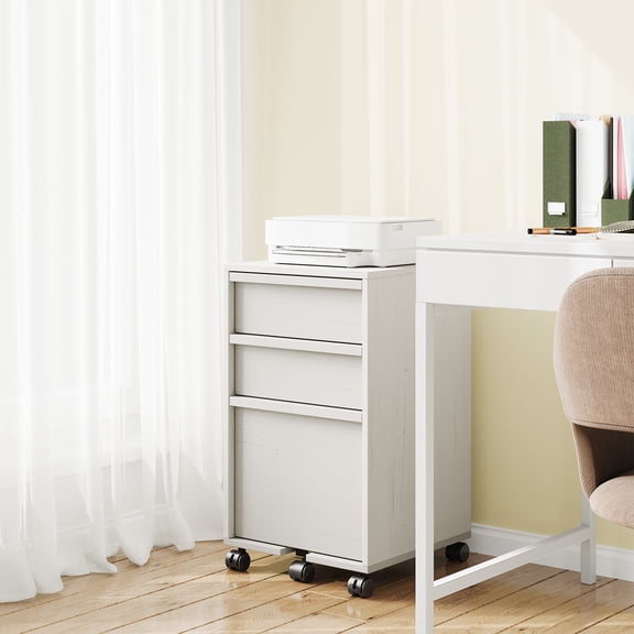 Rolling File Cabinet with 3 Drawers - Wooden Mobile Filing Cabinet with Handles, Under Desk Printer Stand on Wheels, Large Hanging File Drawer, Locking Casters - Home Office Storage, 3 Drawers