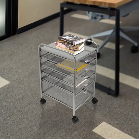 Rolling File Cabinet with 5 Drawers, Craft Cart Organizer with Wheels, Slim Storage for Makeup, Kitchen, Utilities, Office Supplies, and Tools (SILVER MESH)