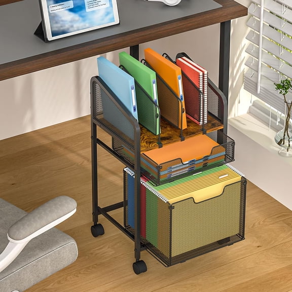 Rolling File Cabinet with Adjustable Dividers, Mobile Filing Cabinet with Storage Drawer on Lockable Wheels, Hanging File Organizer Beside Under Desk for Office, Home
