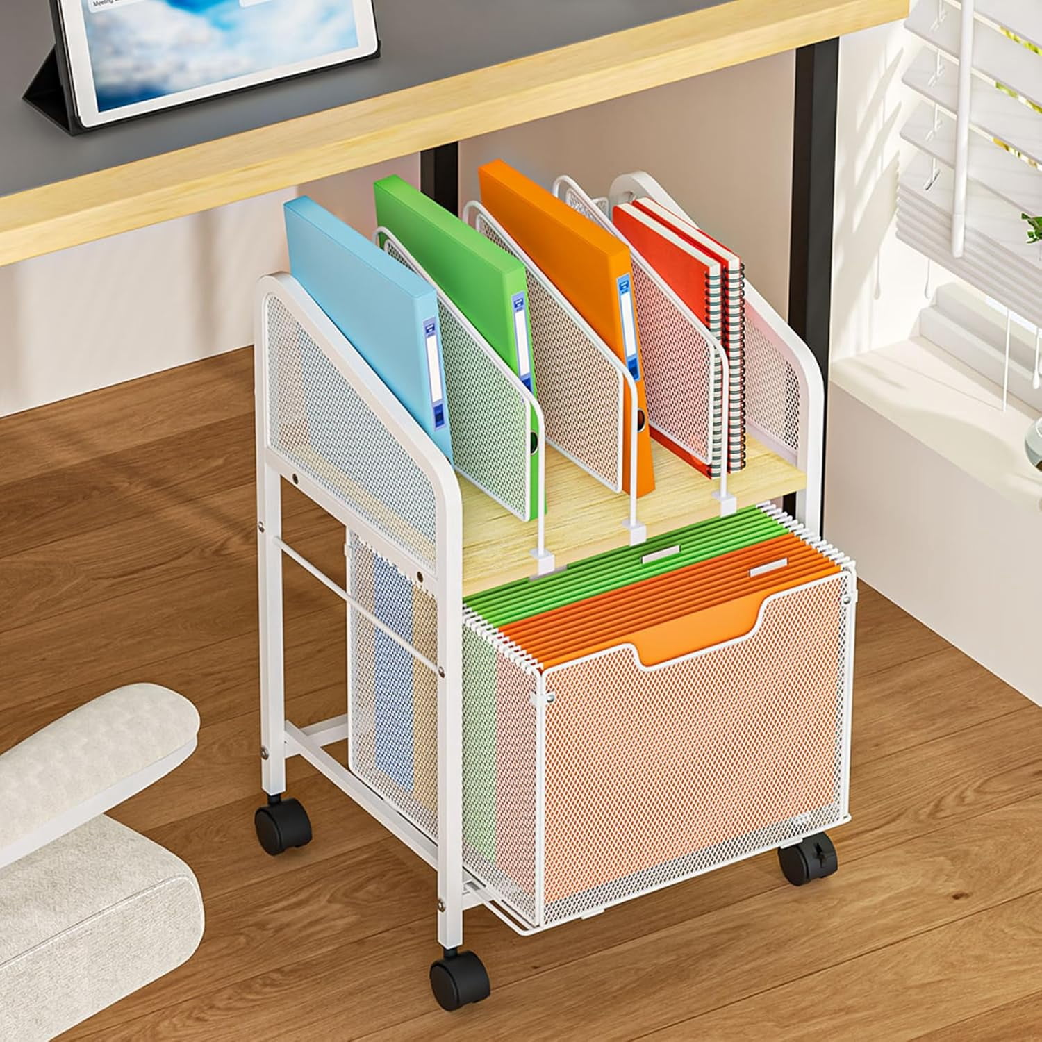 Rolling File Cabinet with Adjustable Dividers, Mobile Filing Cabinet with Storage Drawer on Lockable Wheels, Hanging File Organizer Beside Under Desk for Office, Home