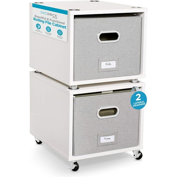 Rolling File Cabinet Decorative Storage Shelf w/Removable Bins, Handles, and Wheels Organize Files, Books, Toys, Under Desk Office Solution, Modern Design - 2 Lateral Drawers, White