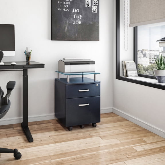 Rolling File Cabinet with Glass Top Graphite Locking Mobile Storage Unit with Hanging File Drawer, Tempered Glass Shelf, and 5 Casters for Home Office or Workspace