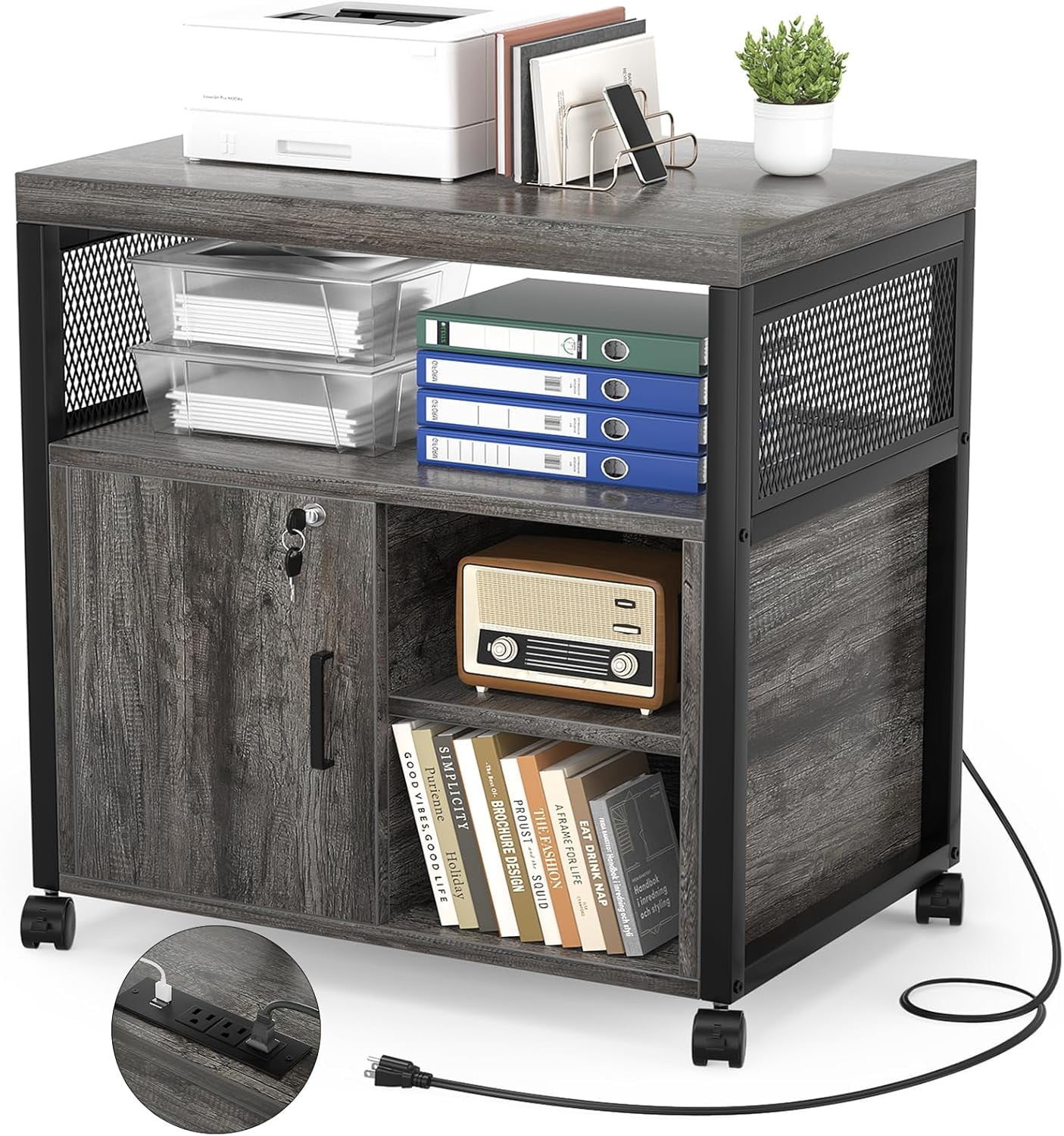 Filing Socket Rolling File Cabinet Lateral Office Filing Cabinets with Socket and USB ...