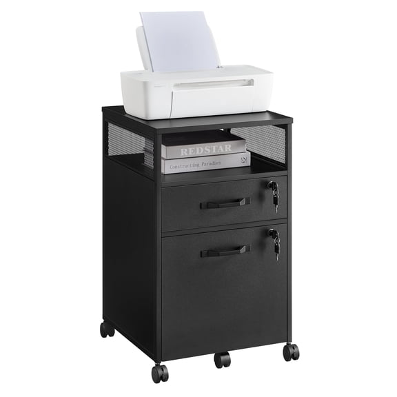 Rolling File Cabinet with Lock, Filing Cabinet with 2 Storage Drawers, Black and Gray