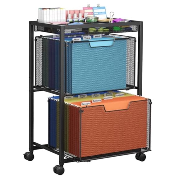 Rolling File Cart with 2 Drawers Under Desk Storage Cabinet with DIY Divider Letter/Legal Mobile Filling Cabinet on Wheels Hanging File Folders Organizer Metal Utility Cart for Home Office Black