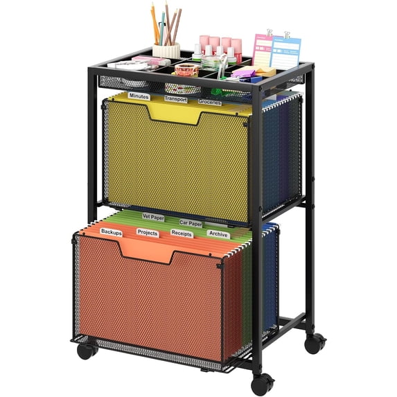 Hanging Metal File Rack Rolling File Cart with 2 Drawers, Under Desk Storage Cabinet with DIY ...