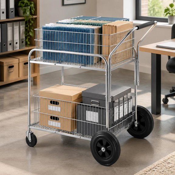Rolling File Cart, 2 Tier Mobile Wire Mail Cart with Lockable Wheels, Heavy Duty Utility Wagon for Office Records Room, 264 lbs Load Capacity