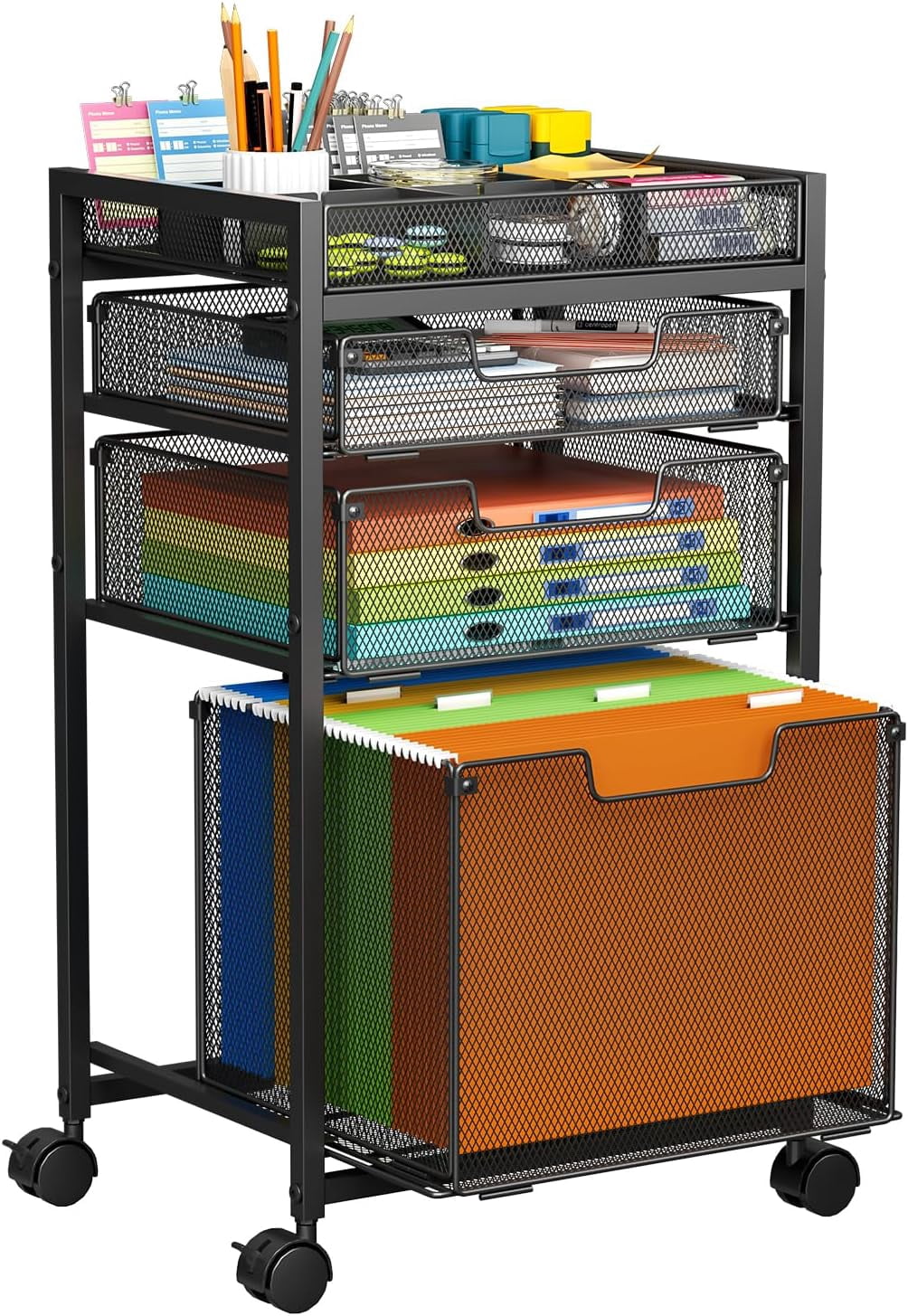 Rolling File Cart with 3 Storage Drawers, Under Desk Filing Cabinet with DIY Divider, Hanging File Folder Organizer on Wheels, Fits A4/Letter Size, Metal Utility Cart for Home Office