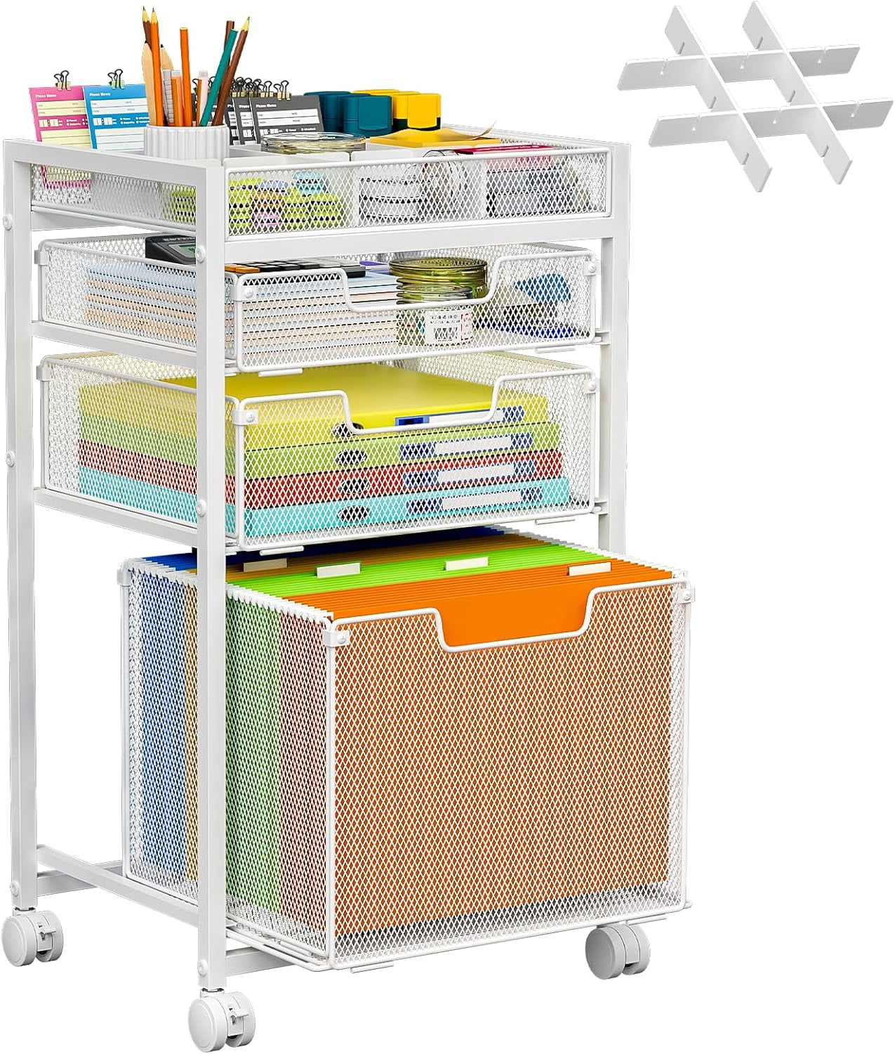 Rolling File Cart with 3 Storage Drawers, Under Desk Filing Cabinet with DIY Divider, Hanging File Folder Organizer on Wheels, Fits A4/Letter Size, Metal Utility Cart for Home Office