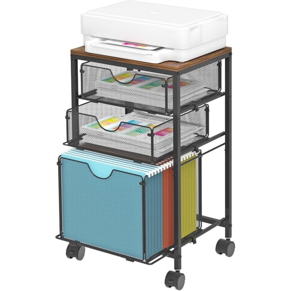 Rolling File Cart with 3 Storage Drawers, Wood & Mesh Hanging File Folder Organizer with Wheels Under Desk, File Cabinets for Home Office, 11.81"D x 14.8"W x 25.39"H, Black