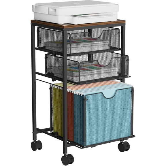 Rolling File Cart with 3 Storage Drawers, Wood & Mesh Hanging File Folder Organizer with Wheels Under Desk, File Cabinets for Home Office, 11.81" D x 14.8" W x 25.39" H, Black