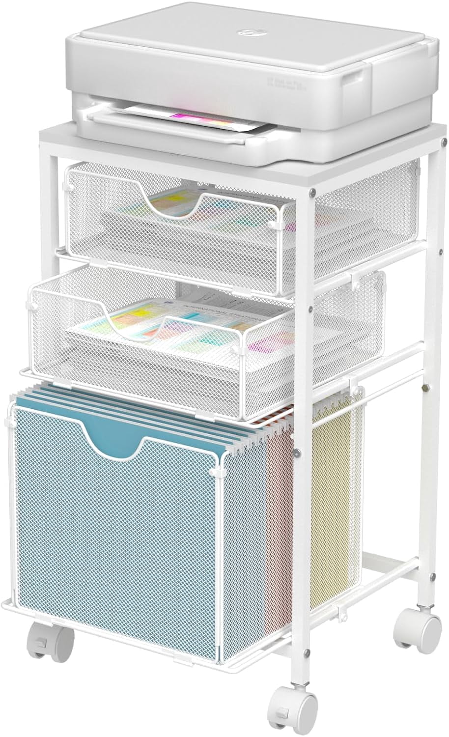 Rolling File Cart with 3 Storage Drawers, Wood & Mesh Hanging File ...