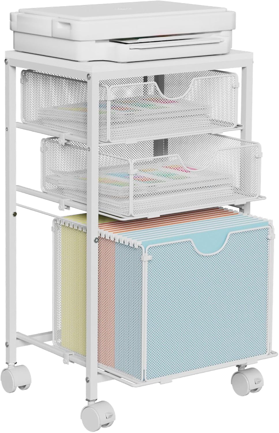 Rolling File Cart with 3 Storage Drawers, Under Desk Hanging File Folder Organizer Cart for Home Office, 11.81"D x 14.8"W x 25.39"H, White