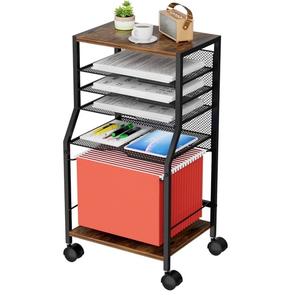 Rolling File Cart, 6 Tiers Under Desk Organizer on Wheels, Wood Planks and Mesh Cart with Hanging File Folders Rack and Paper Trays, Black