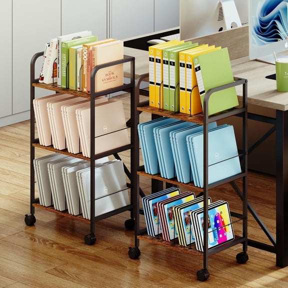 Rolling File Cart with Adjustable Dividers, 3-Tier Book Cart with Wheels, Utility Storage Rack for Office, Home, Classroom, Art Supply Organizer, Binder and Laptop Shelf Rack