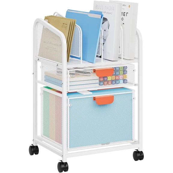 Rolling File Cart with Adjustable Dividers, Mobile File Cabinet on Lockable Wheels, Office Filing Cabinet Organizer, Hanging File Folder Organizer for Home Office - White