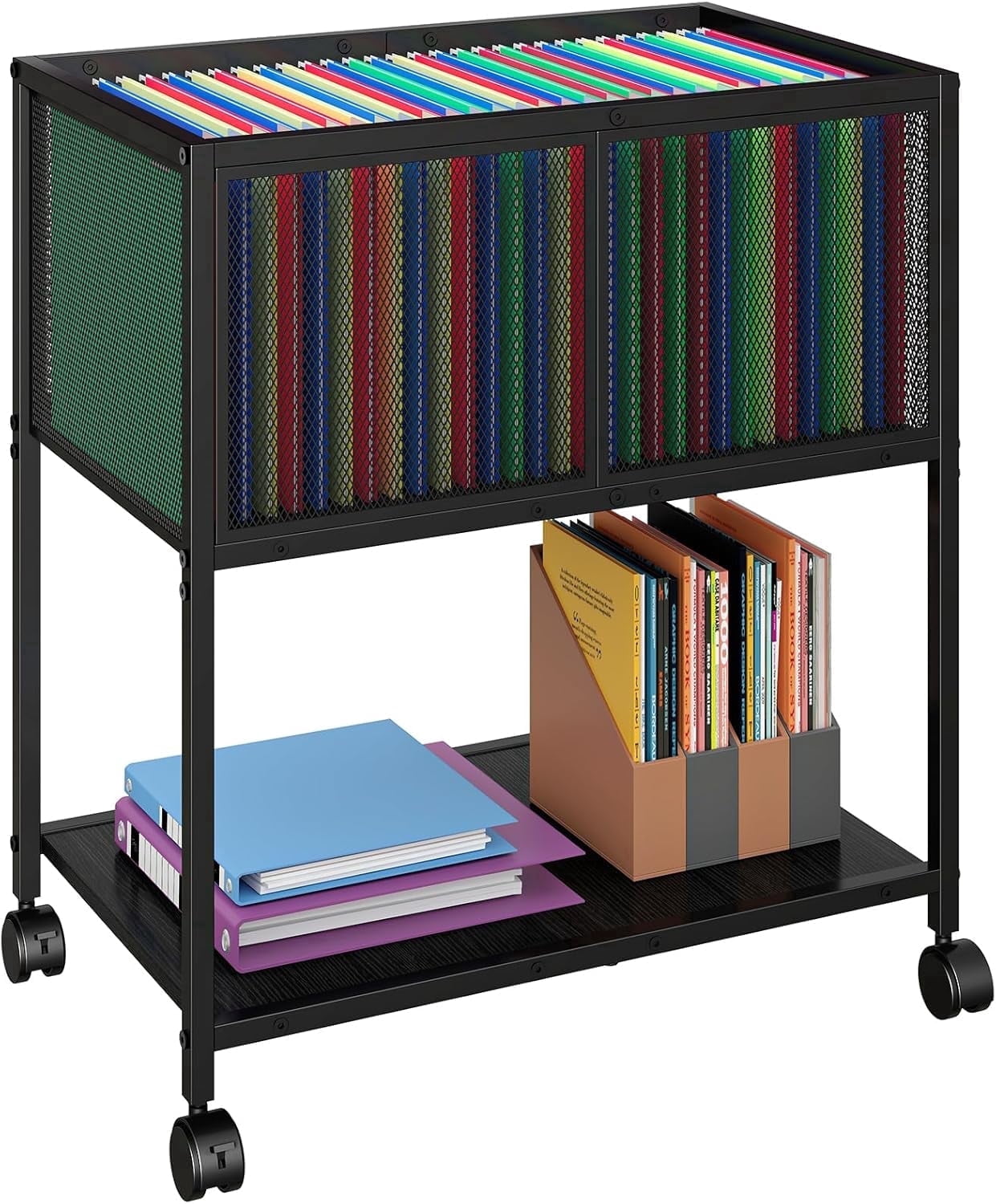 X-COSRACK Heavy-Duty Metal Rolling File Cart with Storage Shelf, Mobile File Cabinet for Letter Size Hanging Folders, Under Desk Filing Organizer for Home Office, Black & Wood