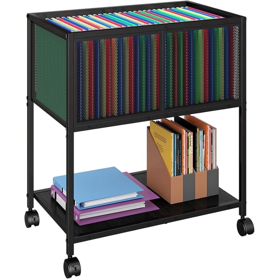 X-COSRACK Heavy-Duty Metal Rolling File Cart with Storage Shelf, Mobile File Cabinet for Letter Size Hanging Folders, Under Desk Filing Organizer for Home Office, Black & Wood