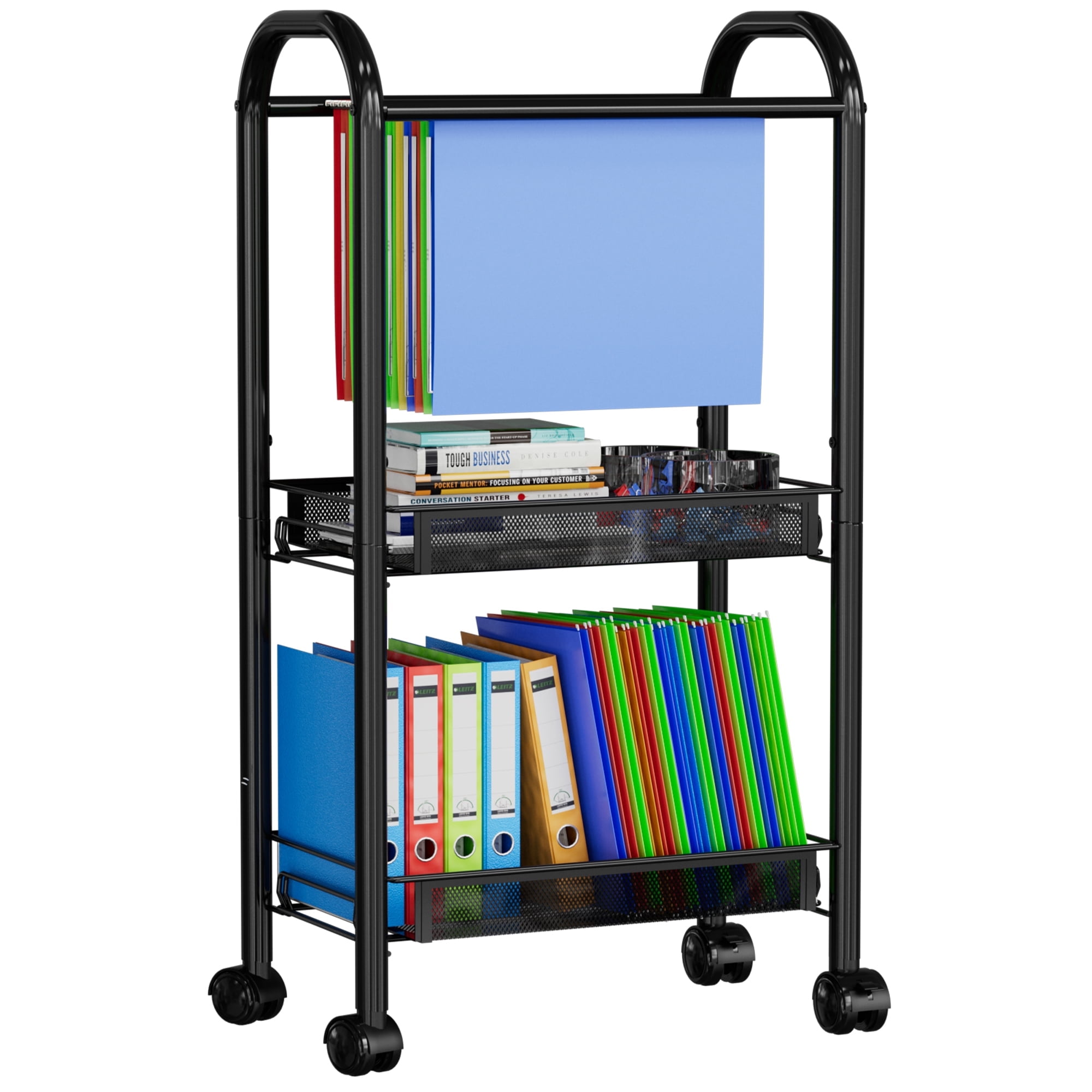 Rolling File Cart WONDERBUY 2-Tier Hanging File Folders, Lockable Wheels and Detachable Wheels Rolling Storage Cart, - Ideal for Office, Home, School.