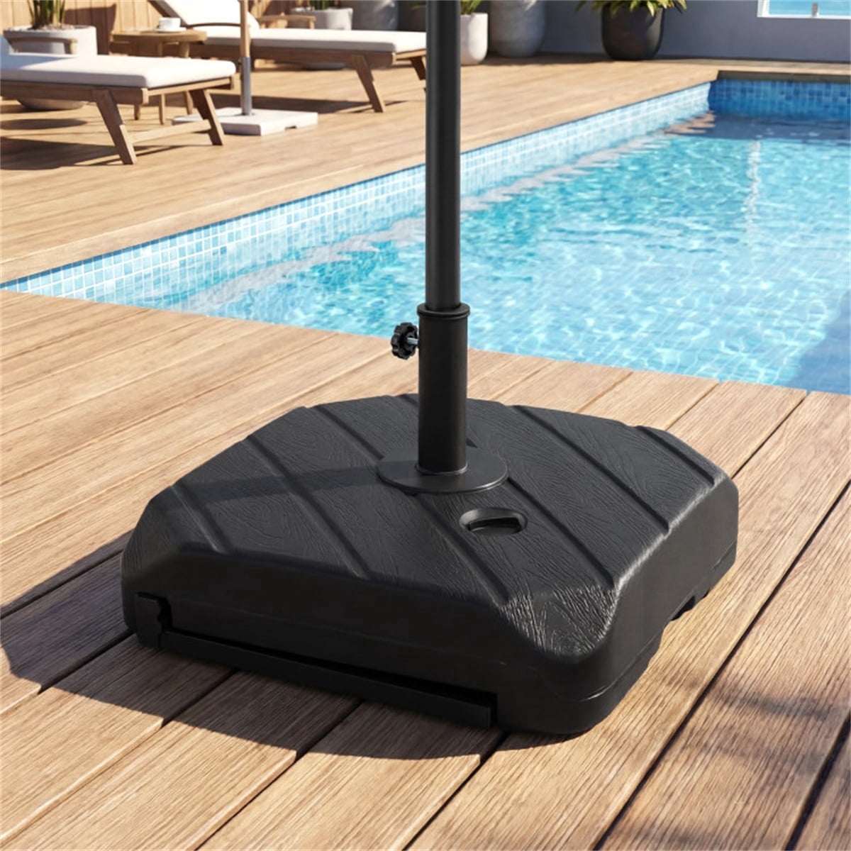 Rolling Fillable Patio Umbrella Base with Foldable Pull Rod & Hidden Wheels Heavy Duty Water Sand Weighted HDPE Umbrella Stand with 2 Pole Adapters for 7.5–11ft Umbrellas Black Wood Grain