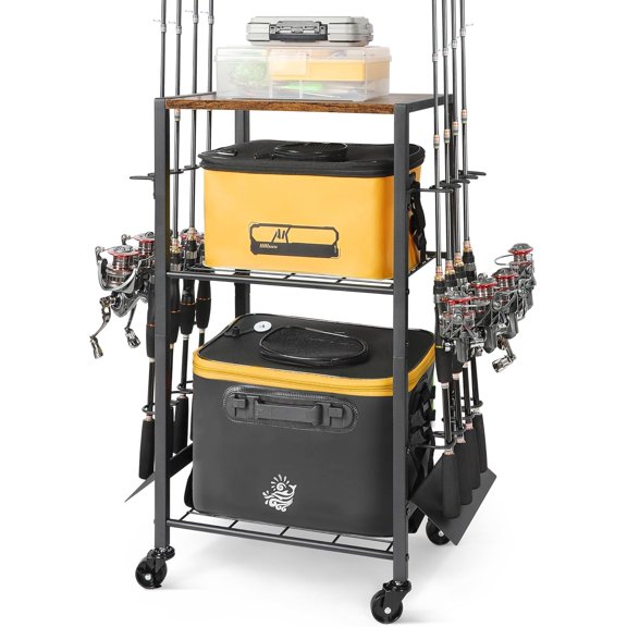 Rolling Fishing Rod Rack Cart – Garage & Boat Holder, Tackle Box/Reel Storage, Easy Assembly, Great Birthday Gift for Men, Dad, Anglers