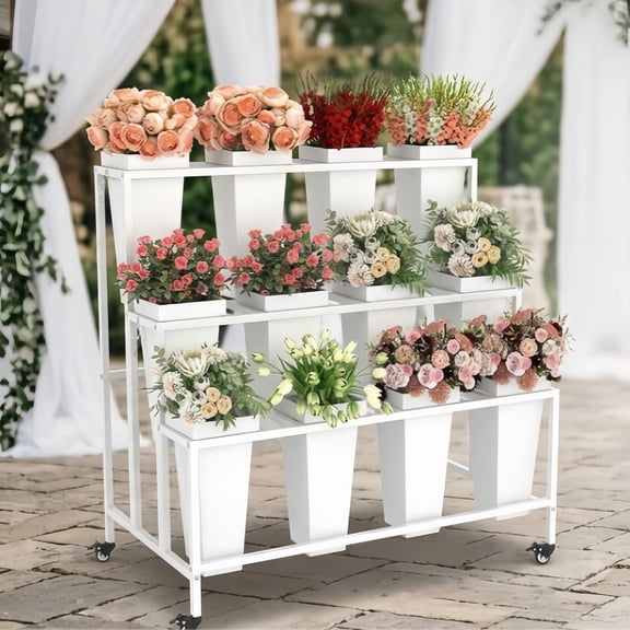 Rolling Florist Display Stand with 12 Plastic Buckets, 3-Tier Step Mobile Flower Cart with Brake Casters, White Metal Flower Rack for Commercial Floral Arrangement