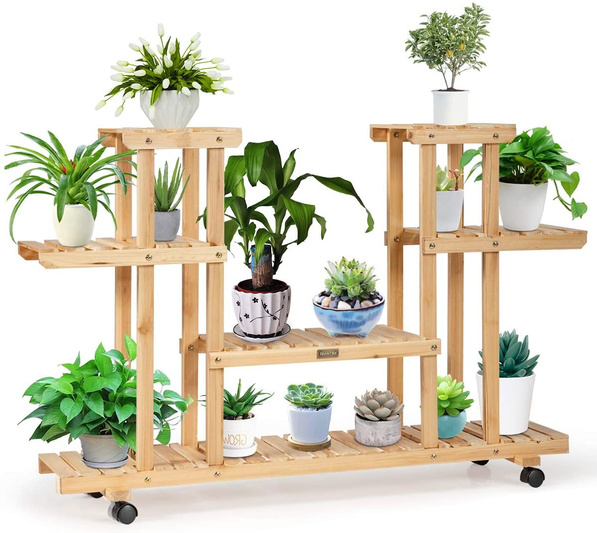 Rolling Flower Rack, Wood Plant Stand with Wheels, 6 Wood Shelves & 12