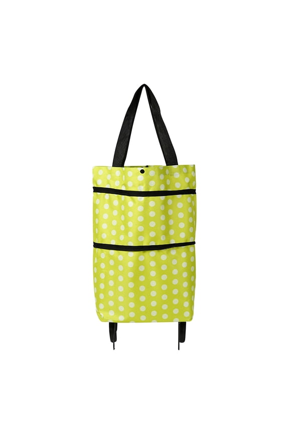Rolling Foldable Shopping Bag With Wheels, Oxford Cloth Portable Tote With Green Polka Dots Design, For Grocery Shopping, Daily Commuting, Travel Use