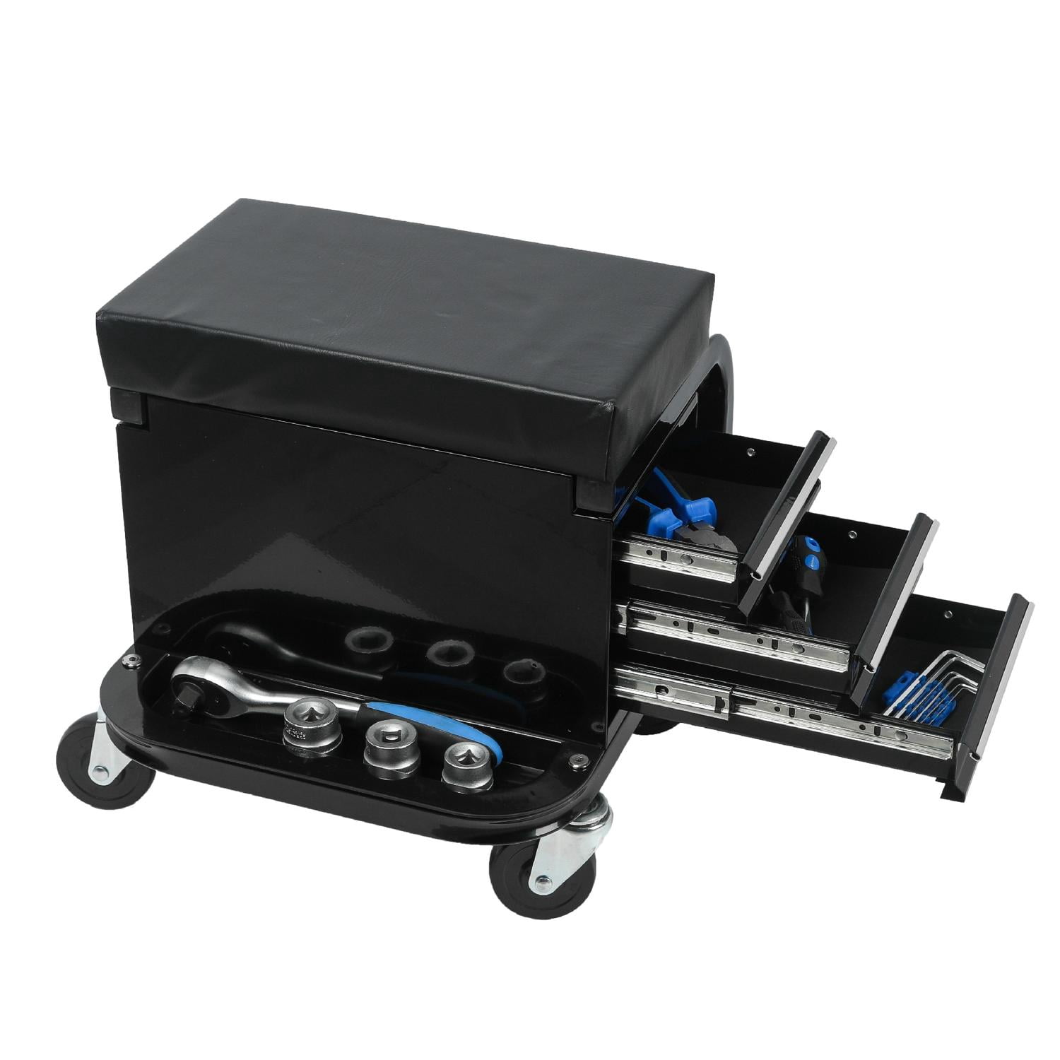 Rolling Garage Creeper Seat with 3 Built-In Drawers and Tool Storage, Mechanic Stool for Car Repair and Workshop, Black