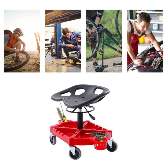 Rolling Garage Stool, 330LBS Capacity, Adjustable Height from 19.69 in to 25 in, 360-degree Swivel Wheels (4"), Large Tool Tray with Two Bottle Holder, for Workshop, Auto Repair Shop, Red