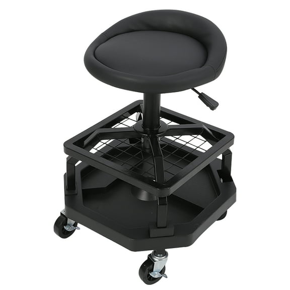 Rolling Garage Stool with Wheels, Garage Work Mechanic Stool with Backrest, Double Mesh Frame, Mechanic Chair, Adjustable Height, 360° Swivel, Tool Tray Storage, 300 LBS Capacity, Heavy Duty