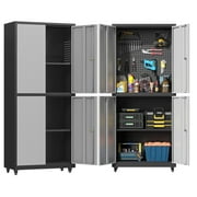 Rolling Garage Storage Cabinet with Wheels and Pegboard,Metal Storage Cabinet with Doors and Adjustable Shelves,Lockable Steel Tool Cabinet for Garage,Warehouse,Utility Room,Home,Office(Black Gray)