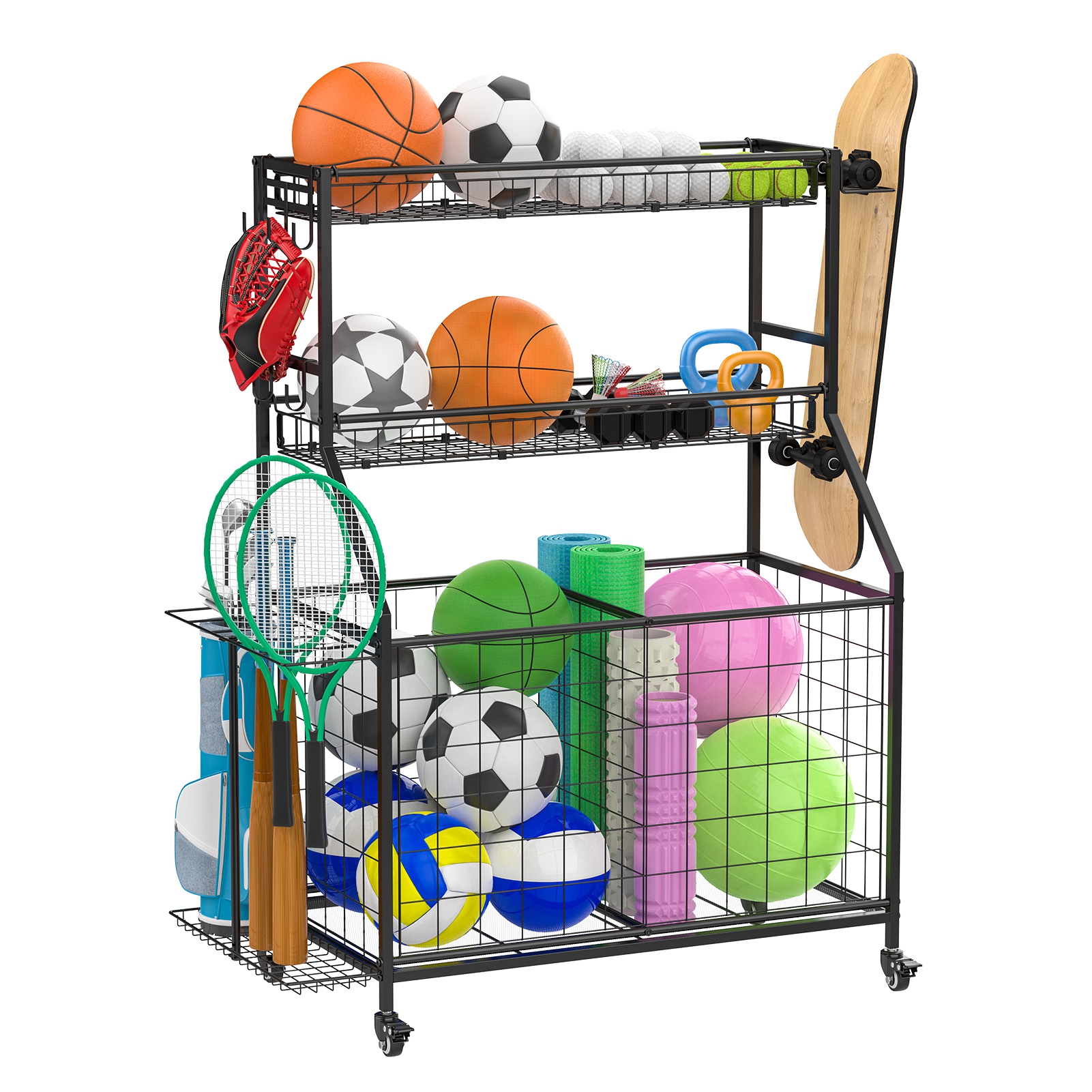 Rolling Garage Storage Rack with Baskets & Hooks, Heavy Duty Sports ...