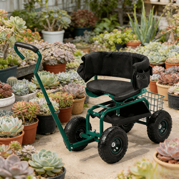 Rolling Garden Cart 35In Cushioned Backrest Seat Including 360 Swivel Height Adjustable Heavy Duty Steel Garden Scooter 10In Pneumatic Tires Steering Handle Tool Tray Outdoor Planting Weeding Work